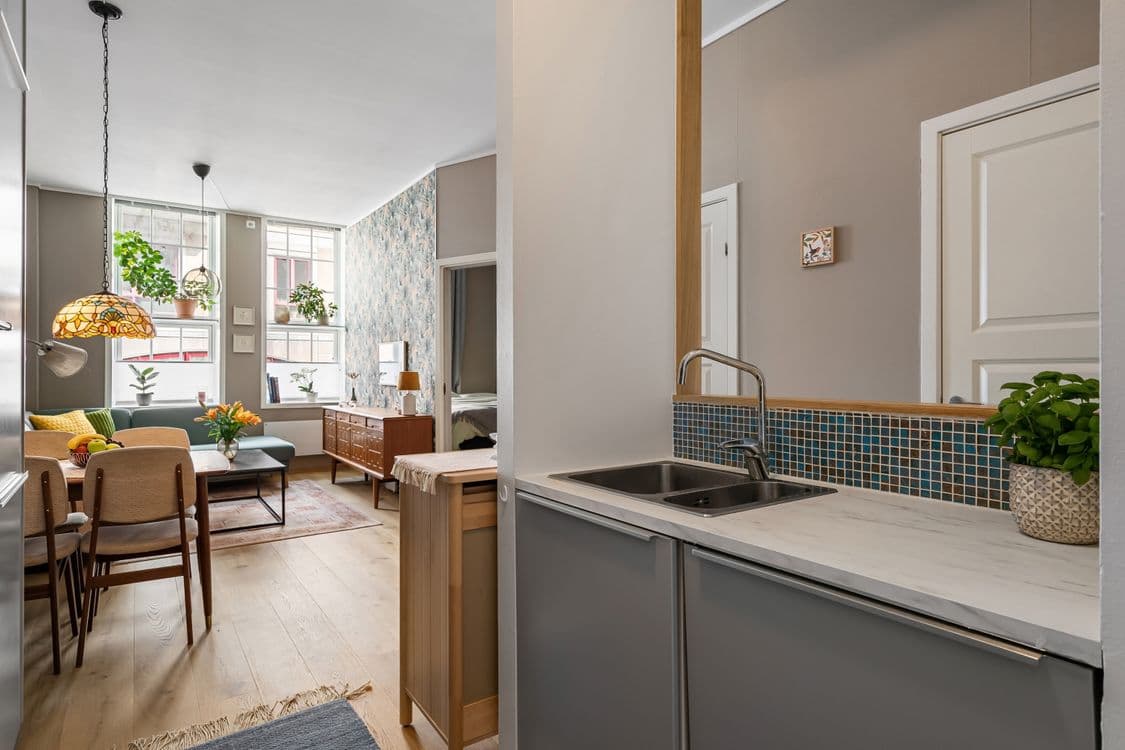 An apartment kitchen opening onto a bright living and dining area, with plants and wooden furniture.